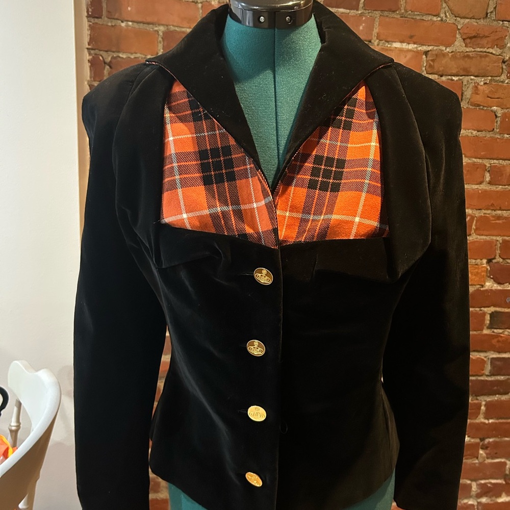 Vivienne Westwood COUTURE Black Velvet Blazer with Red Tartan Plaid Gold Buttons